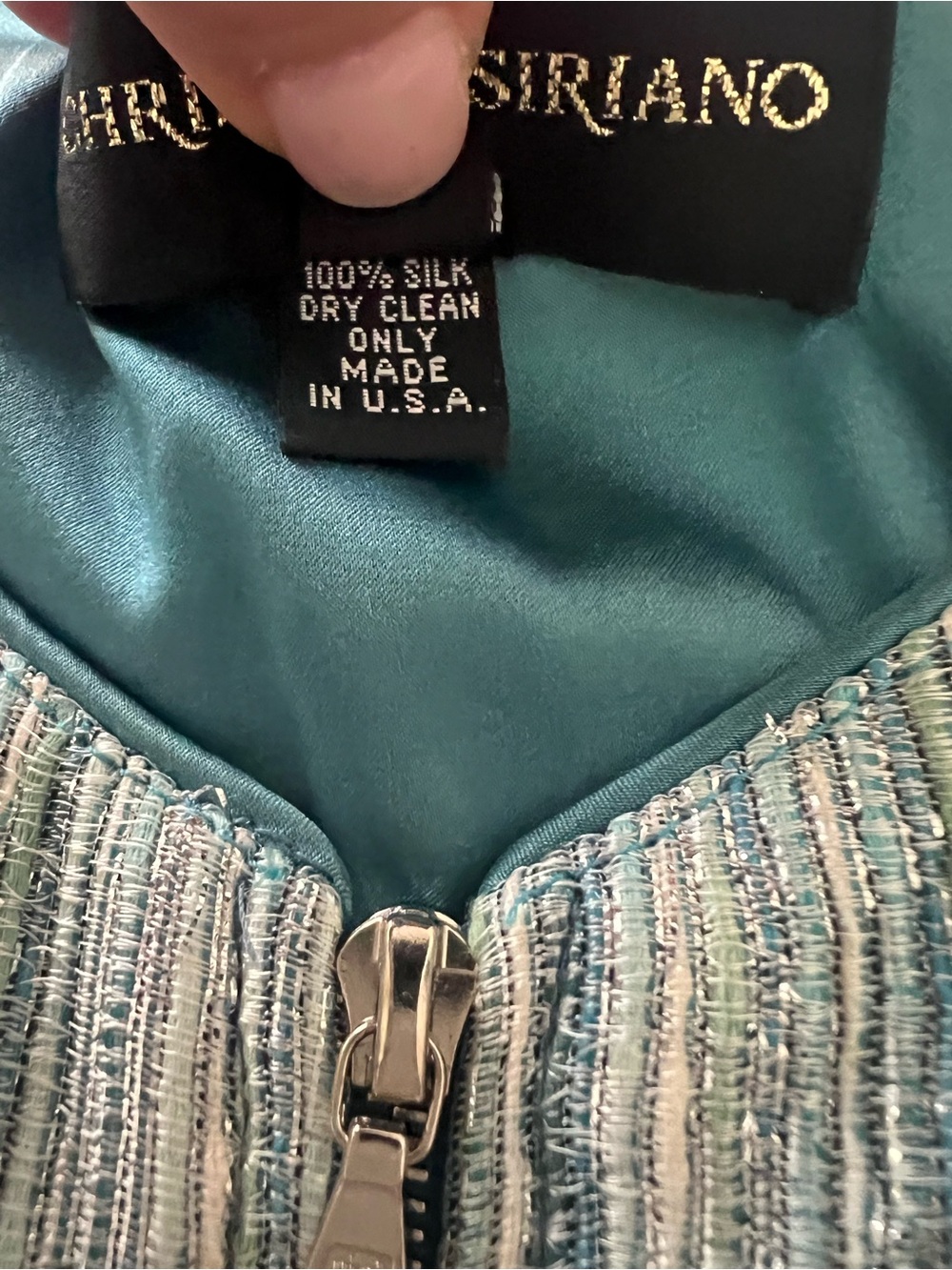Christian Siriano 100% Silk Teal-Lined Metallic Thread Zip Dress - Picture 5 of 6